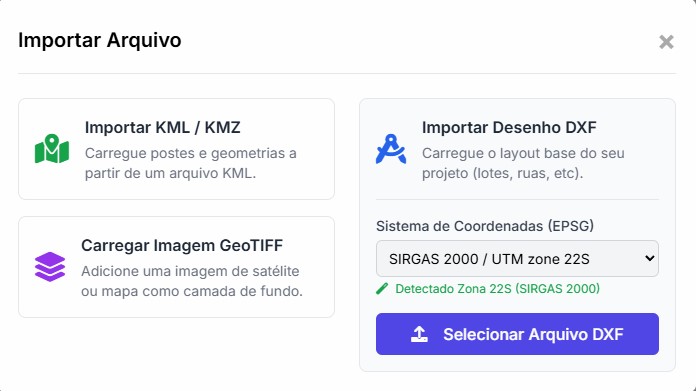 Janela de importação de DXF, com seleção de EPSG e camadas