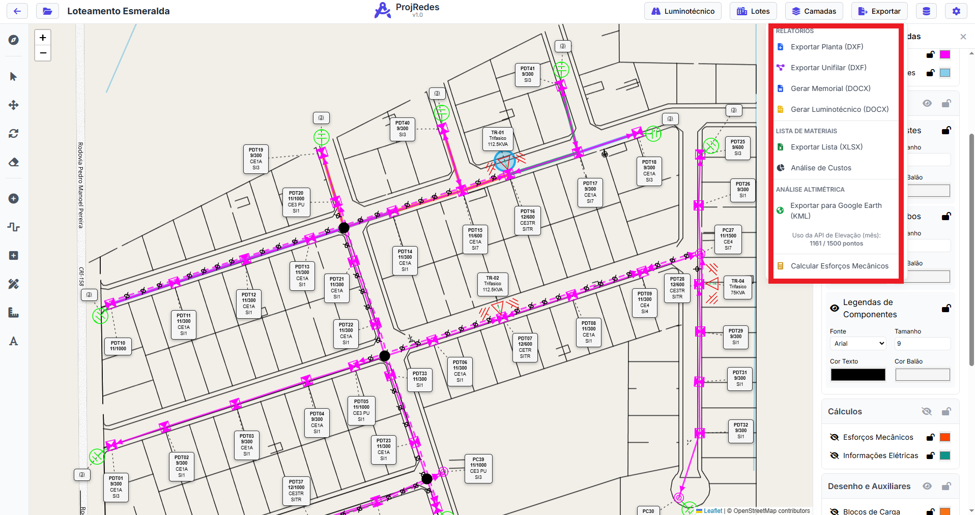 Menu de exportação ProjRedes