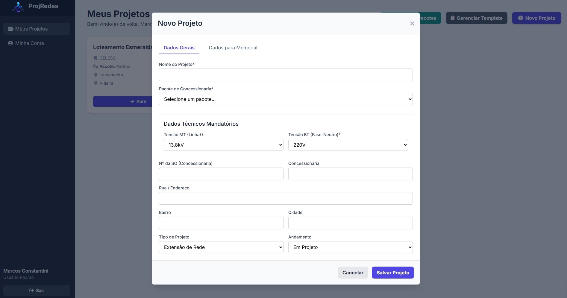 Janela de criação de um novo projeto no ProjRedes
