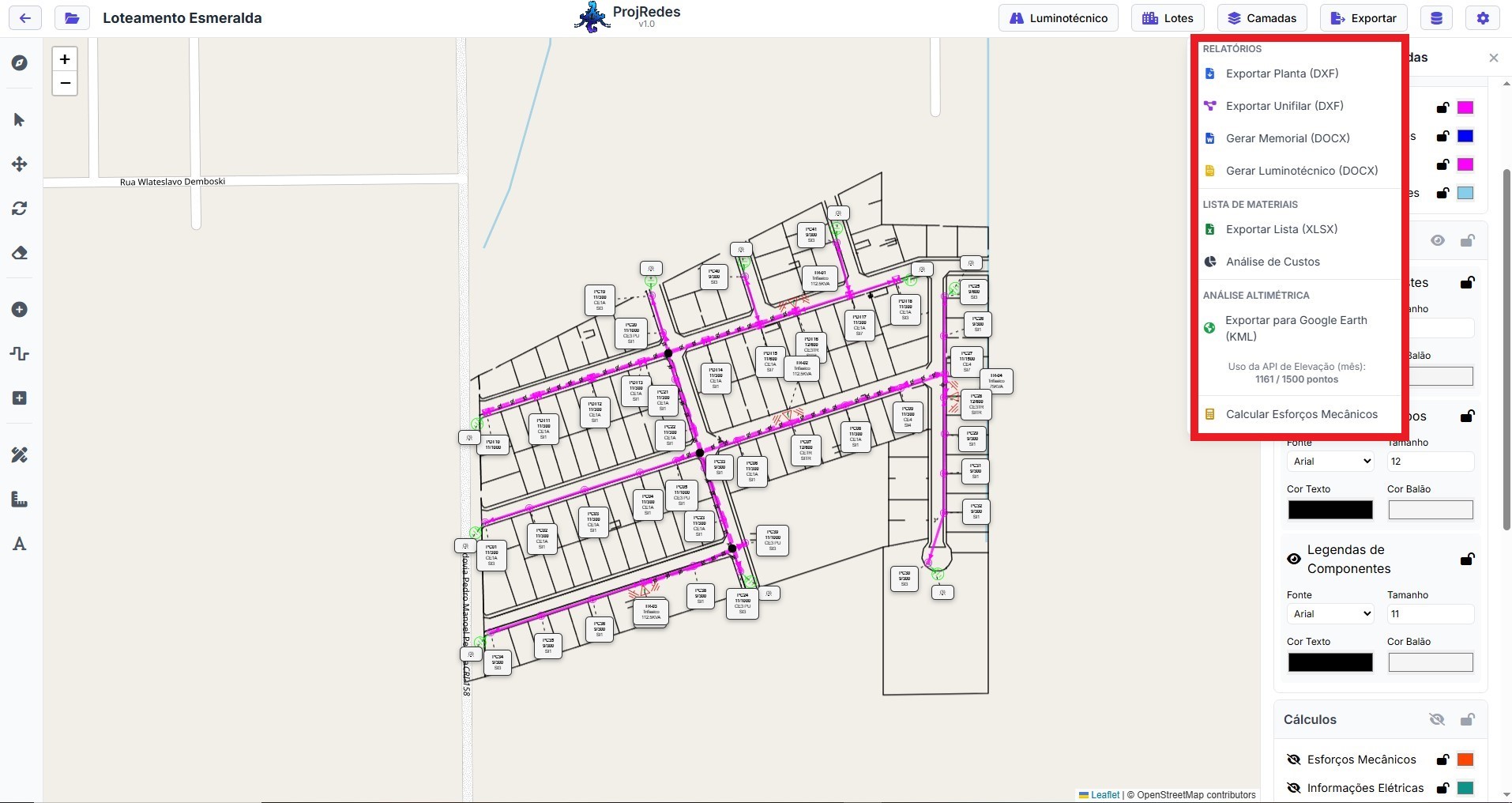 Menu de Exportação dos relatorios no ProjRedes