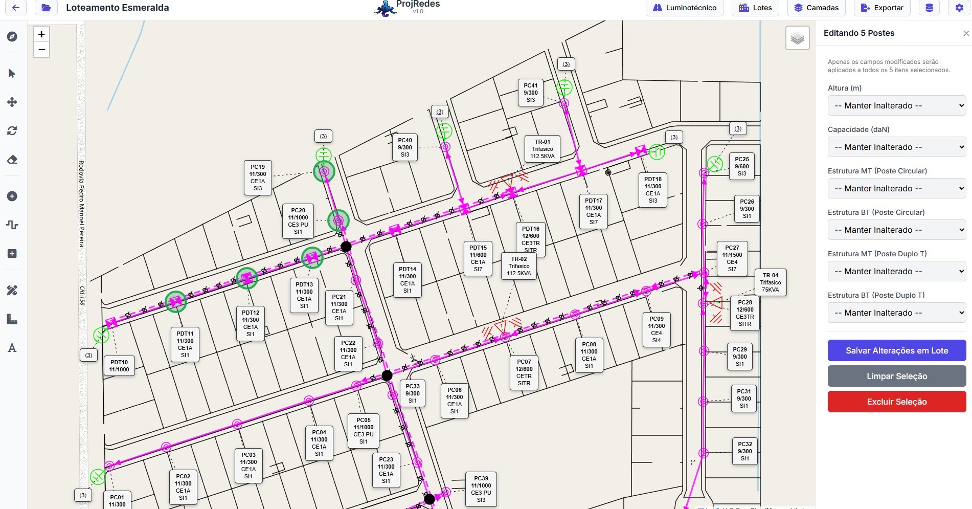 Painel inspector do poste no ProjRedes