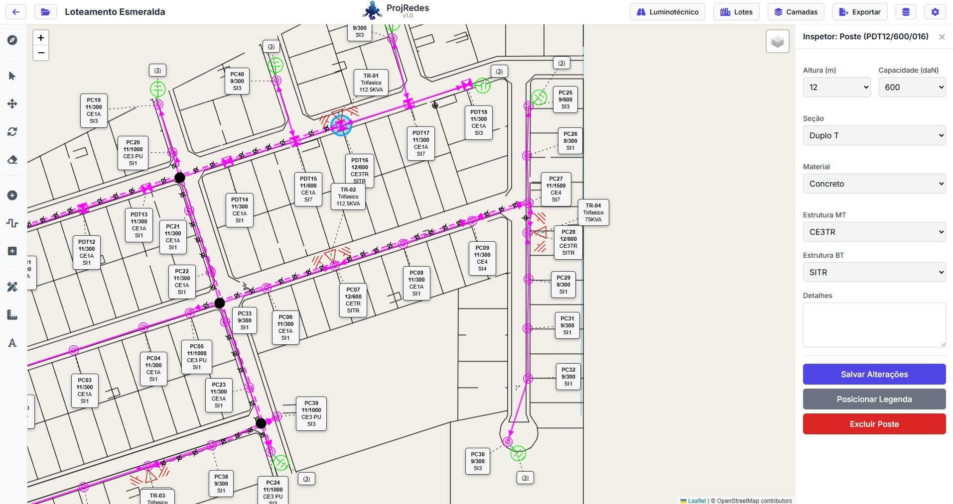 Painel inspector do poste no ProjRedes