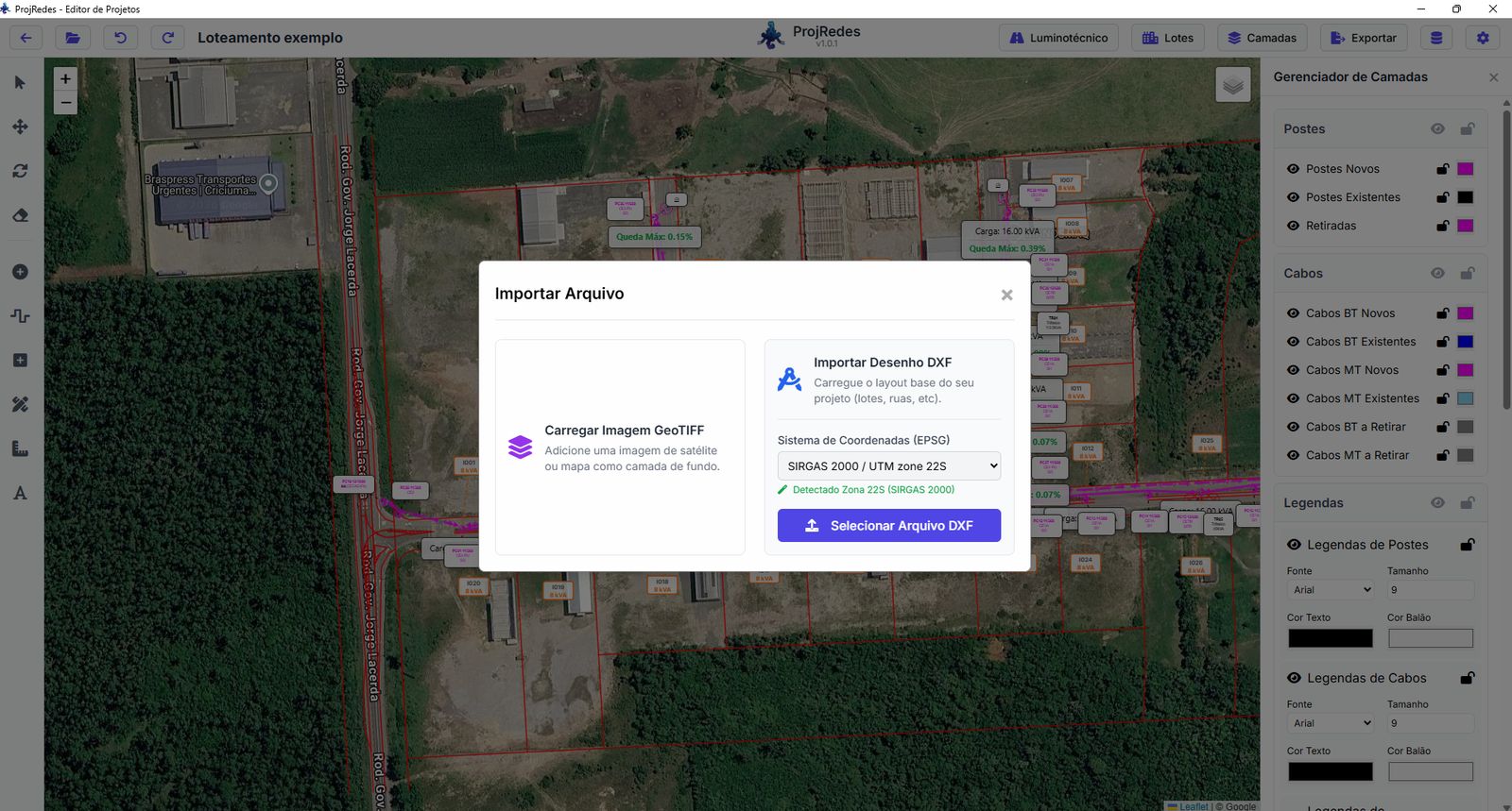 Diálogo Importar Arquivo do ProjRedes, com as opções de carregar imagem GeoTIFF ou desenho DXF e o sistema de coordenadas SIRGAS 2000 / UTM 22S detectado automaticamente